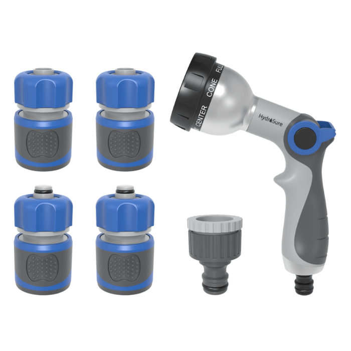 HydroSure 6 Piece Outside Tap and Garden Hose Connection Set with Spray Gun. A garden hose connector set complete with a tap connector, hose end connectors, waterstop connectors and a garden hose sprayer.