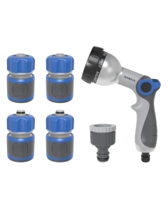 HydroSure 6 Piece Outside Tap and Garden Hose Connection Set with Spray Gun. A garden hose connector set complete with a tap connector, hose end connectors, waterstop connectors and a garden hose sprayer.